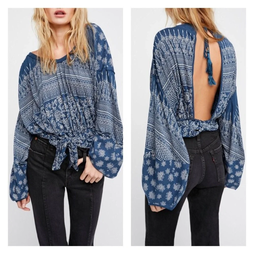 Free People Printed Blue Warrior Long Sleeve Open Back Top NWT XS